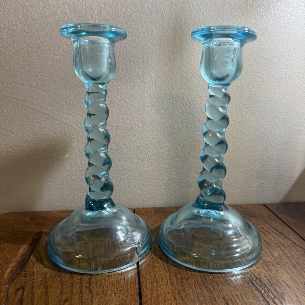 Pair Of Vintage Blue Glass Tiffin Candle Holder, 1930's Beautiful